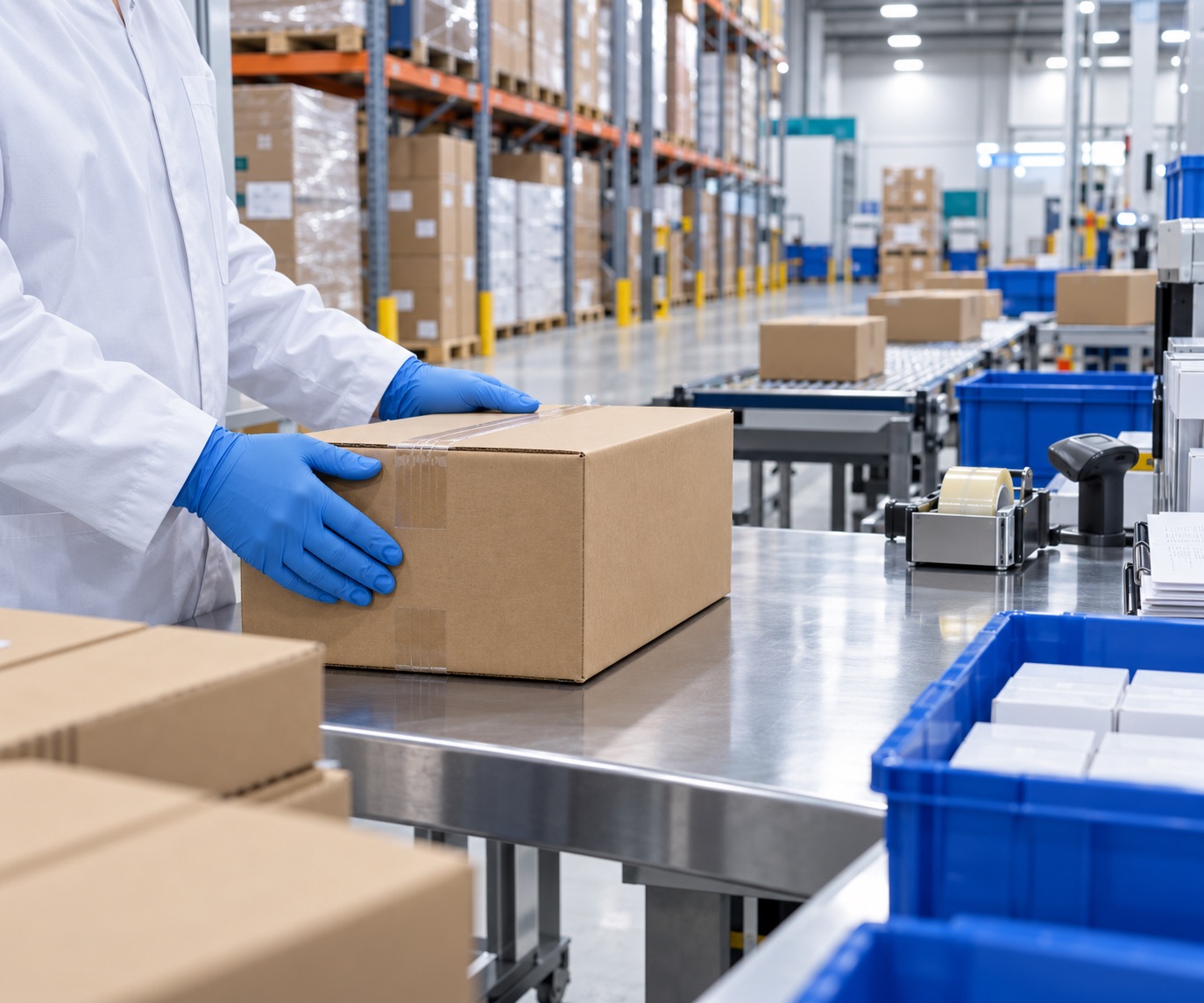 Gloved warehouse professional handling a sealed carton at an organized packing station