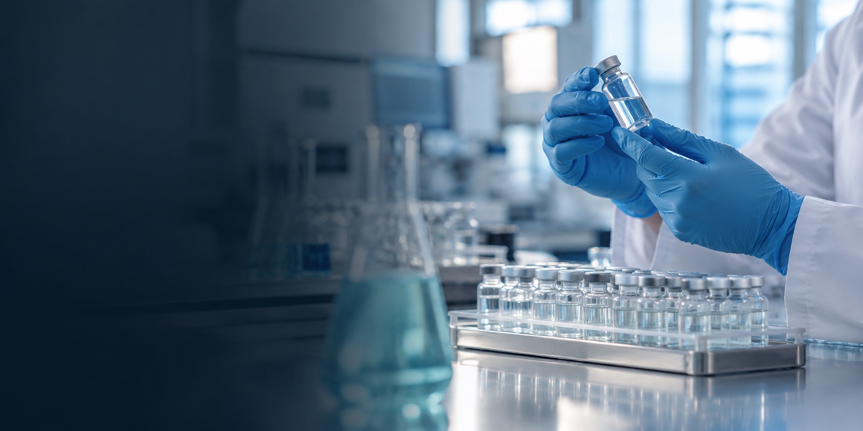 Gloved laboratory professional inspecting a sealed vial beside a rack of sample vials