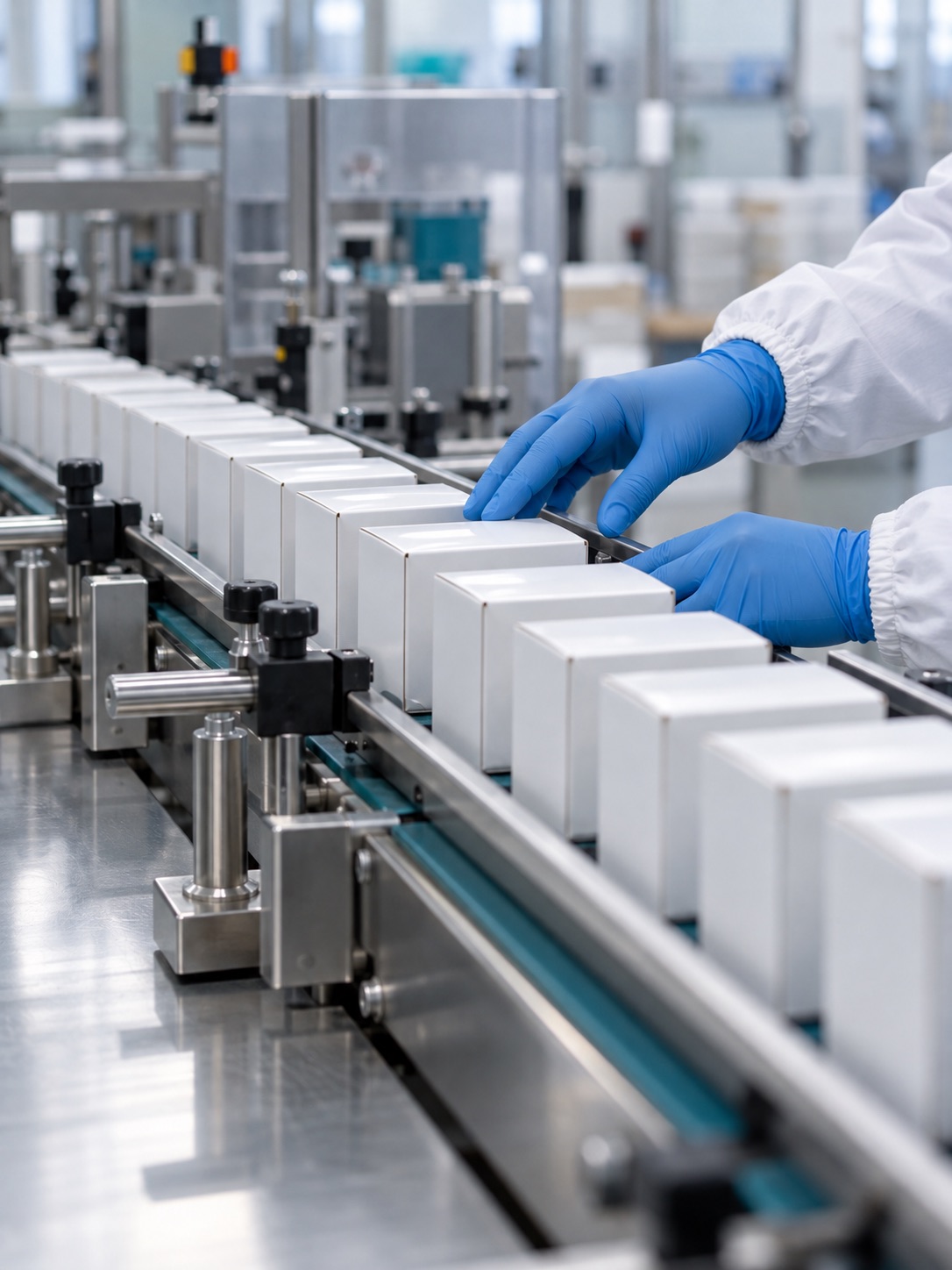 Gloved hands checking sealed product cartons on a clean packaging line