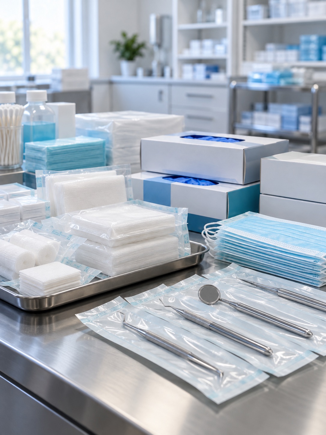 Sealed medical dressings, masks, gloves, and wrapped dental instruments on a clean work surface