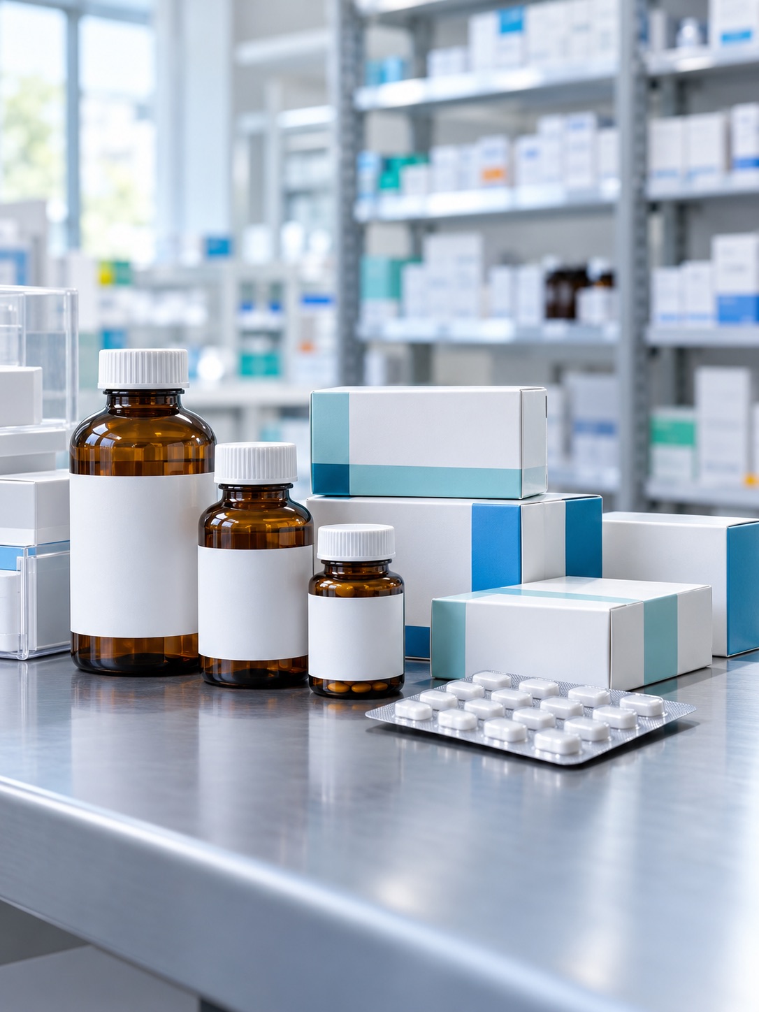 Unbranded medicine cartons, amber bottles, and a sealed blister pack in a clean supply room