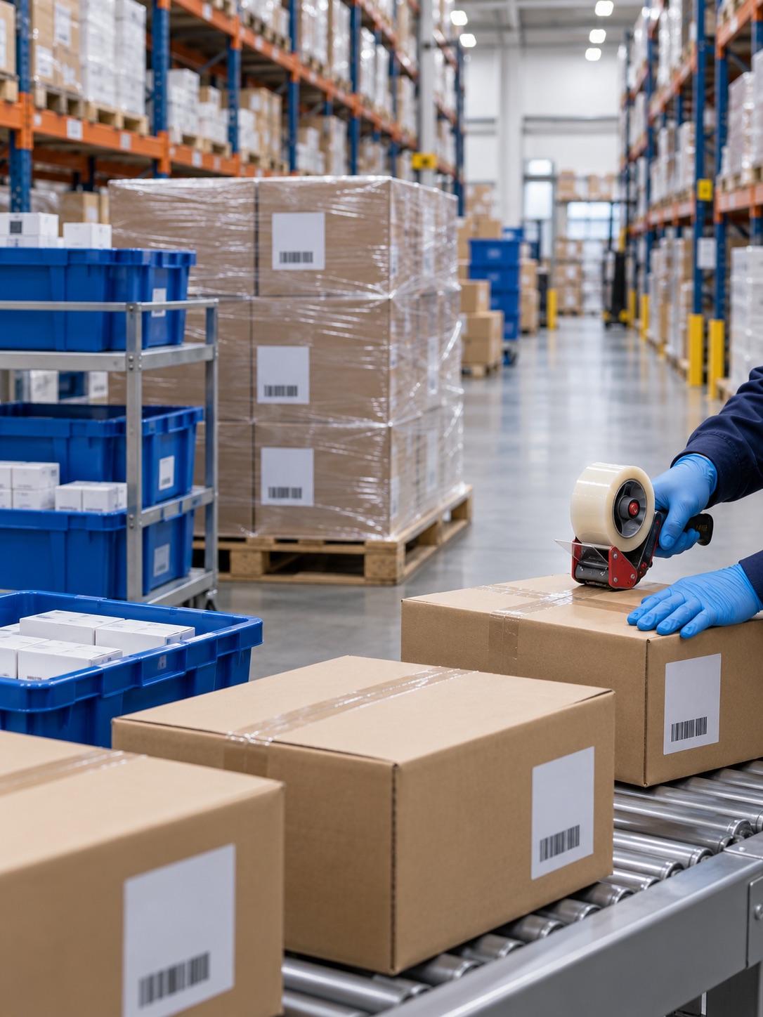 Gloved hands sealing cartons beside organized pallets and supply totes in a warehouse
